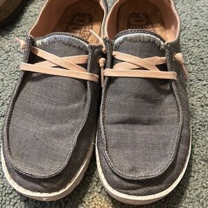 Hey Dude slip ons, size 7, dark blue with pink crossover lace, silver embroidery